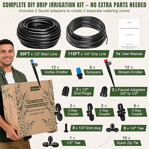 Drip Irrigation System Push-to-Connect Garden Watering System Kit for Raised Beds Expandable DIY Drip Irrigation Kit with 1/2 &amp 1/4 Tubing Adjustable Emitters Leak-Proof Connectors
