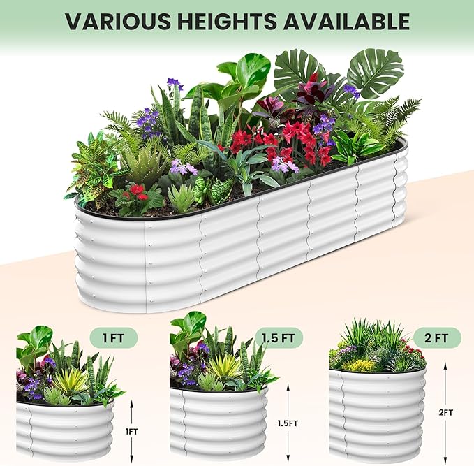 PioneerWorks Galvanized Raised Garden Bed 8x2x1 Ft Oval Open-Ended Metal Planter Box for Vegetables Flowers Herbs Sturdy Reinforced Design Easy Assembly for Outdoor Patio Yard White