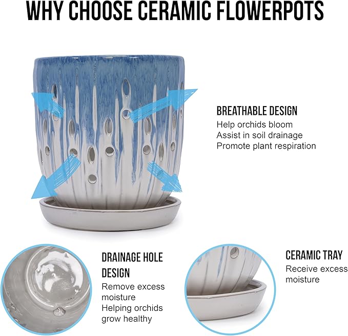 Handmade Blue White Gradient Ceramic Planter Set (7.48×8.07 5.51×6.1) IndoorOutdoor Flower Pot for Orchids Succulents on Windowsill Breathable with Drainage Holes