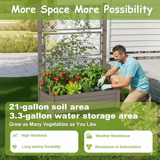 5.3' Tall Raised Garden Bed with Trellis Self Watering Planter Box for Outdoor Climbing Plants Resin Garden Lattice for Vegetables Flowers Tomato &amp Vine with Drainage Holes (Coffee 4 pack)