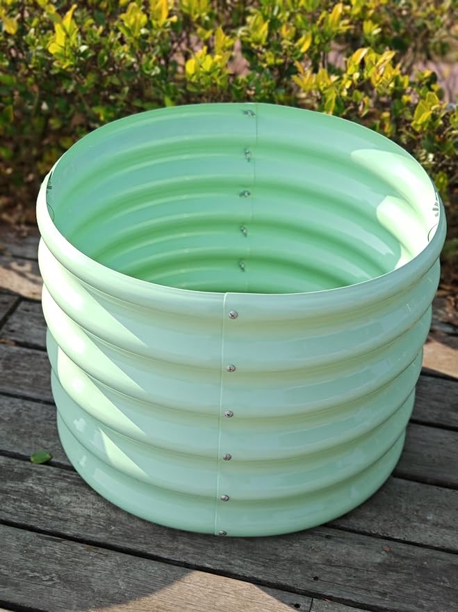 A ANLEOLIFE Kids Mini Raised Garden Beds Outdoor (4-Pack)-24x24x18in Round Galvanized Metal Planter Box for Planting Vegetables Flowers Fruits Eco-Safe &amp Easy Setup Mint Green