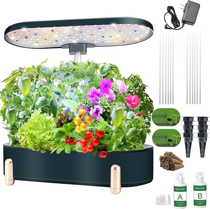Indoor Garden Hydroponics Growing System12 Pods Plant Germination Kit Aeroponic Herb Vegetable Growth Lamp Countertop with LED Grow Light Hydrophonic Planter Grower Automatic Water Circulation (Green)