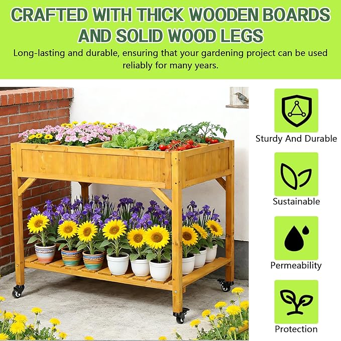 Elevated 8 Pocket Herb Garden Bed Mobile Raised Customizable Wood Planter for Herbs Vegetables Flowers w/Lockable Wheels Storage Shelf Drainage Holes (36 L x24 W x34 H)