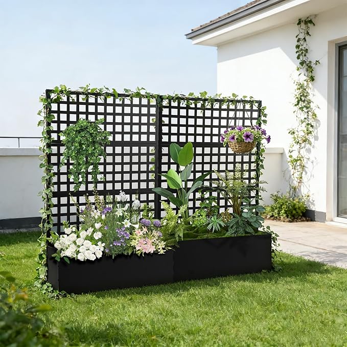 Metal Privacy Planter Box with Trellis Raised Garden Bed Privacy Screen with Drainage Holes Outdoor Metal Planter Box for Climbing Plants Patio &amp Garden 70 x 46 x 12 Black (2)