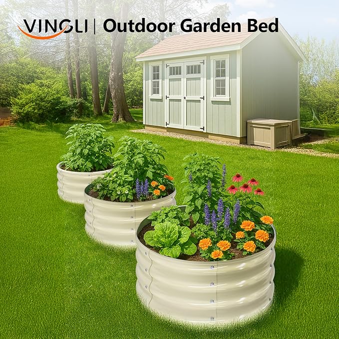 VINGLI 2 PCS Galvanized Raised Garden Beds Outdoor 2x2x1ft Round Raised Planter Boxes Outdoor Metal Raised Garden Bed for Vegetables (White)