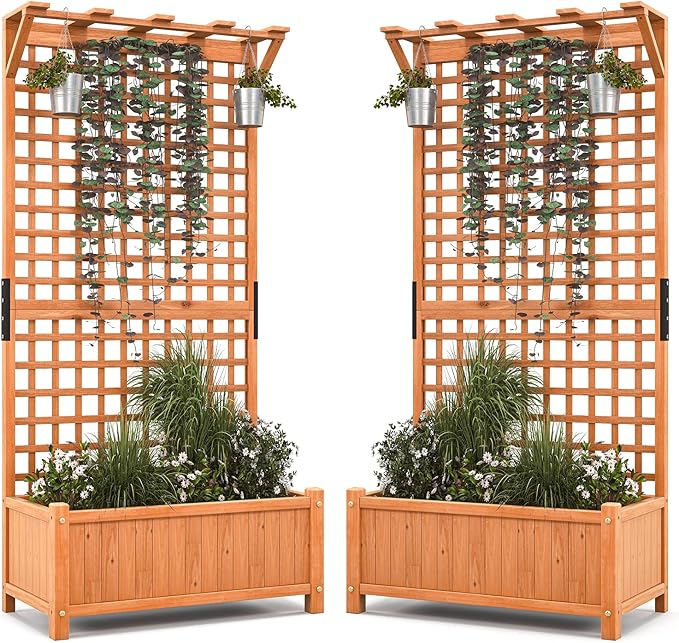 Giantex 2 Pcs Raised Garden Bed with Trellis &amp Roof 72.5 Wooden Garden Bed High Trellis for Plant Flower Climbing Pot Hanging Indoor &amp Outdoor Planter Box for Yard Garden Balcony