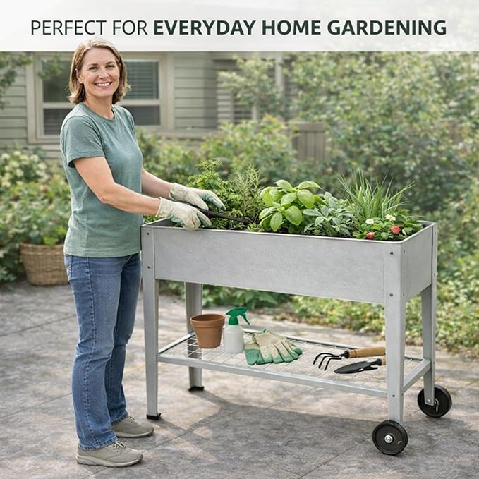InSideOut Elevated 40 Raised Garden Bed Outdoor with Wheels &amp Shelf for Mobility Metal Planter Box for Vegetables/Herbs Patio-Balcony-Backyard (White)