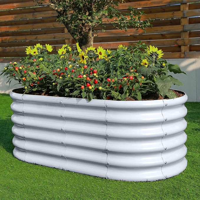 Land Guard 18“ Tall 4×2ft Galvanized Raised Garden Bed Kit Galvanized Planter Garden Boxes Outdoor Oval Large Metal Raised Garden Bed for Vegetables……… (Modern Gray 4×2×1.5ft)
