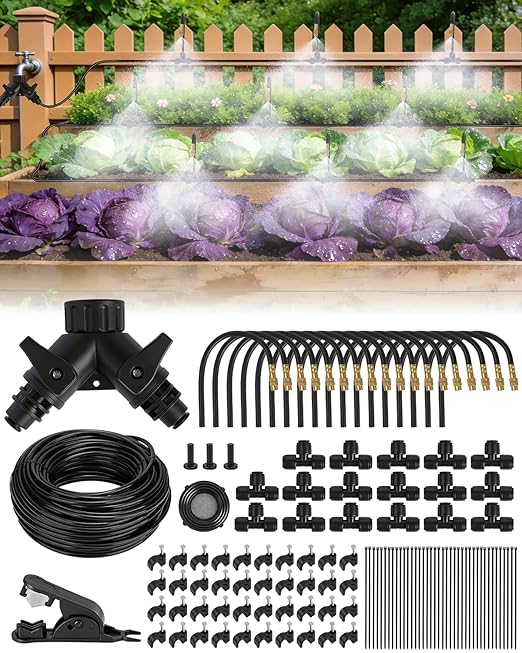 120FT Drip Irrigation System for Garden with 18 Nozzles –360° Adjustable Misting Nozzles Quick-Connect Design Ideal for Raised Beds Lawns Greenhouses &amp Outdoor Cooling
