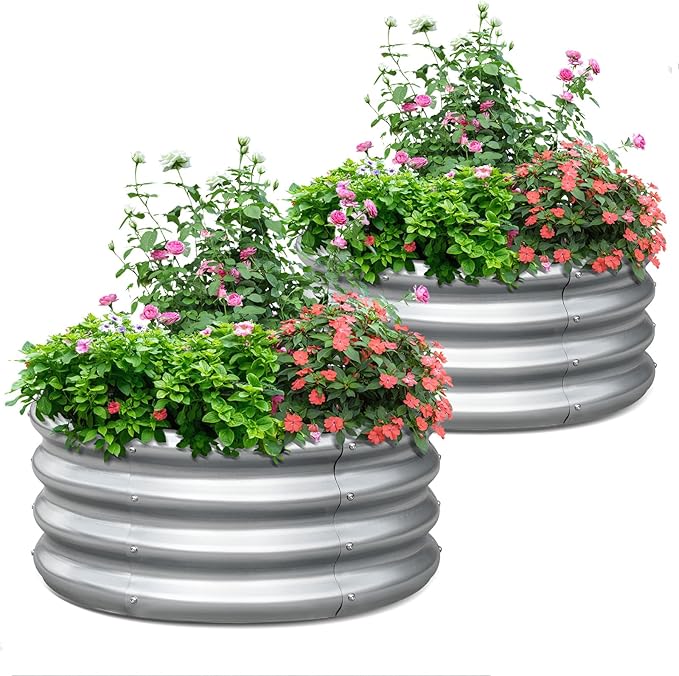 KING BIRD Raised Garden Bed Galvanized Round Planter Box Outdoor for Gardening Plants Vegetables Flowers Silver 24x24x12 in 2 Packs
