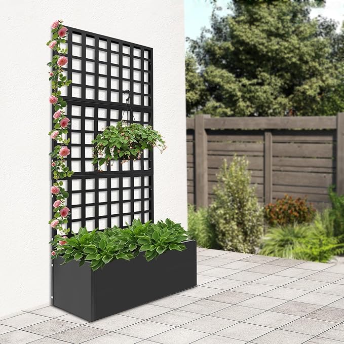 Metal Planter with Trellis 35 x 16'' x 71 Raised Garden Bed with Trellis Steel Rectangular Planter Box with Privacy Screen for Climbing Plants Flowers Vegetables Fruits (Black)