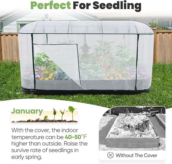 KING BIRD Raised Garden Bed with Cover Galvanized Oval Planter Garden Box Outdoor for Gardening Vegetables Flowers 94.5x47.2x11.8 in White