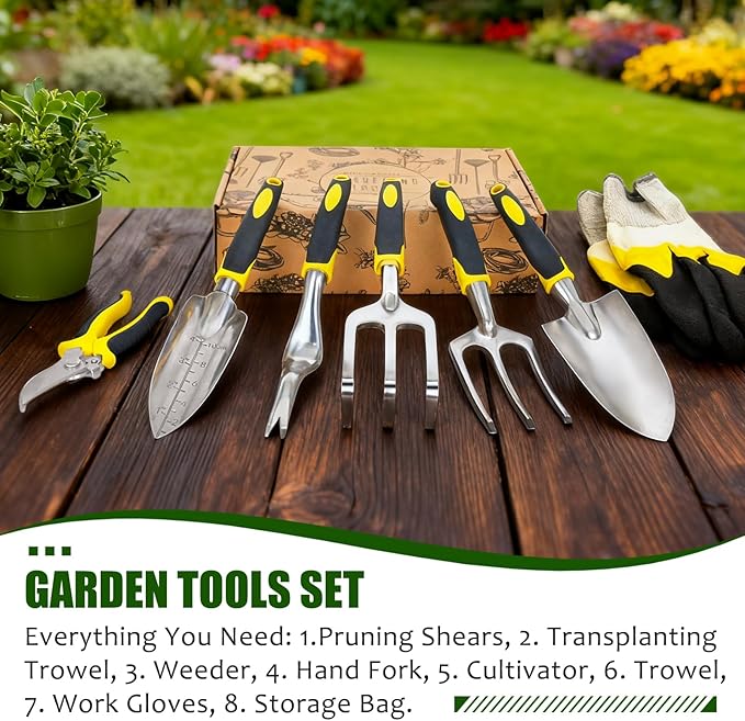 8-Piece Garden Tools Set with Durable Organizer Handbag and Gloves Heavy-Duty Rust-Proof Aluminum Alloy Material Non-Slip Ergonomic Handles Ideal Gifts for Women Men Mom Dad