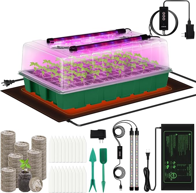 Seed Starter Kit 40-Cell Seed Starter Tray with Grow Lights Full Spectrum Seedling Heat Mat 40 Peat Pellets Seeds Starting Soil Plant Labels Garden Tools for Germination Seeds Growing Green