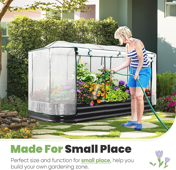 KING BIRD Raised Garden Bed with Cover Galvanized Oval Planter Garden Box Outdoor for Gardening Vegetables Flowers 94.5x47.2x11.8 in White