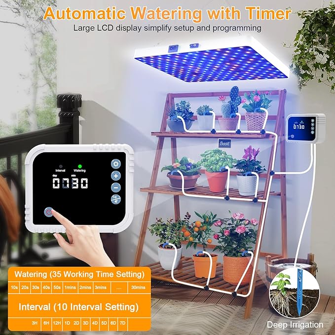 LED Grow Light with Automatic Watering System for Indoor Plants Full Spectrum Plant Light with Remote Control Stepless Dimmable Growing Lamps with 3 Lighting Modes for Seedlings Veg Bloom