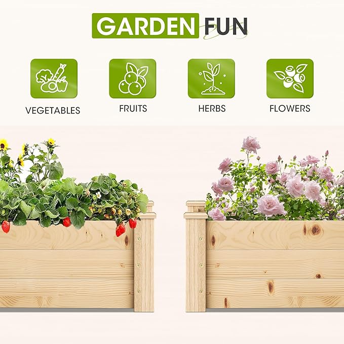 Crownland Outdoor Gardens 8ft Raised Garden Bed Wooden Garden Box Planter Box Kit for Planting Flowers Vegetables Fruits Natural