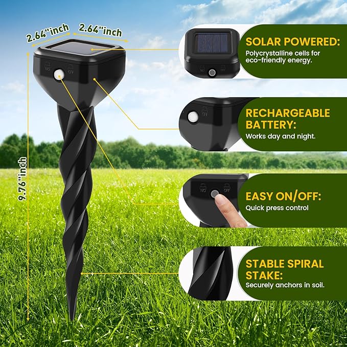 2026 Upgraded Mole &amp Snake &amp Skunk &amp Rabbit Repellent Solar Powered Ultrasonic Deterrent IP65 Waterproof Effective Get Rid of Gopher Raccoon Vole Groundhog Chipmunk for Yard Lawn Garden