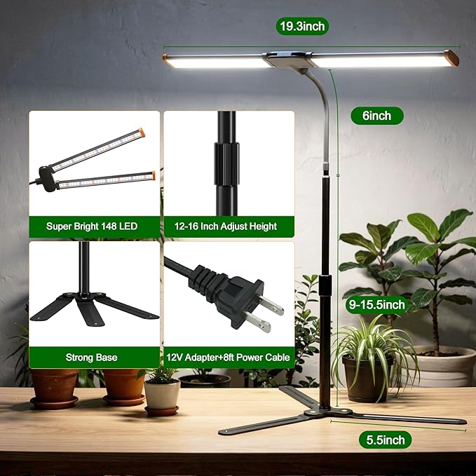 Grow Light for Indoor Plants6000K (100W Equiv) White Full Spectrum Growing Lamp with Base Stand for Home Office Desk top Pot Plants Growth Timer 4/8/12Hrs &amp Height Extendable 10-25''