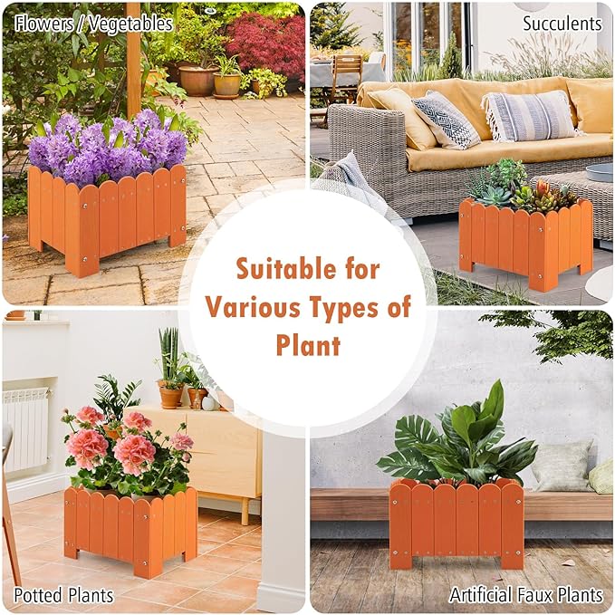 Giantex 2 Pack Raised Garden Bed Weather-resistant HDPE Planter Boxes with Drain Gaps Rectangular Flower Pots for Vegetable Flower Fruit Plant Raised Beds for Front Porch Garden Balcony Orange
