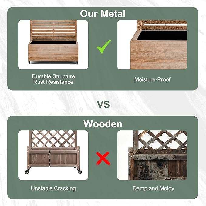 Metal Planter Box with Trellis for Patio Outdoor Raised Garden Beds with Privacy Screen Wheels Drainage Holes (35 L Brown Oak Grain)
