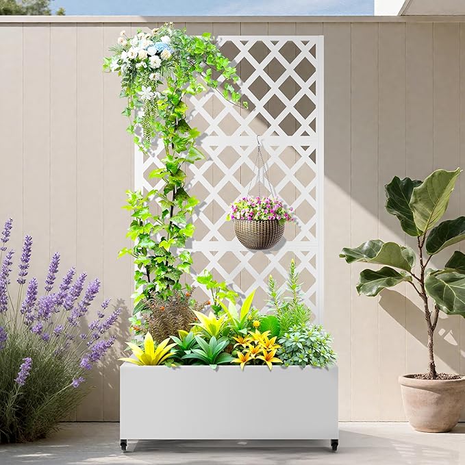 Metal Planter Box with Trellis Planter Box with Privacy Screen Privacy Trellis Outdoor for Climbing Plants with Drainage Holes Raised Garden Bed with Wheels