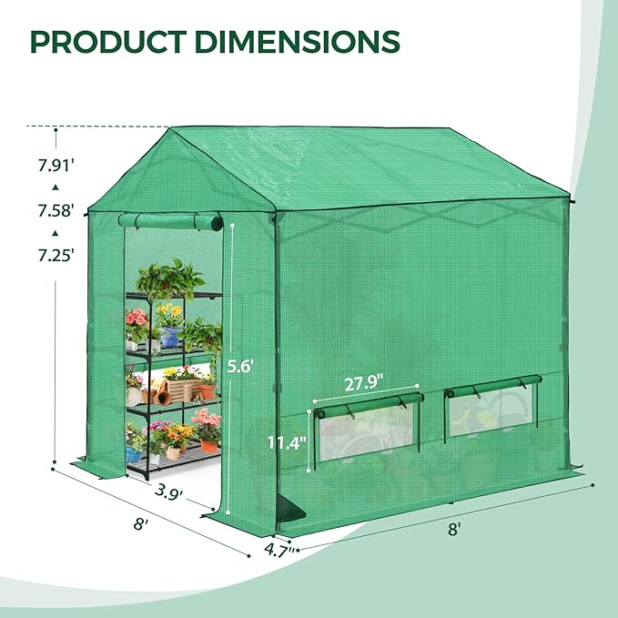 8x8 Pop Up Greenhouse Instant Walk in Green House with PE Cover Power Ports Roll up Doors &amp Windows for Indoor Outdoor Plant Growing Green