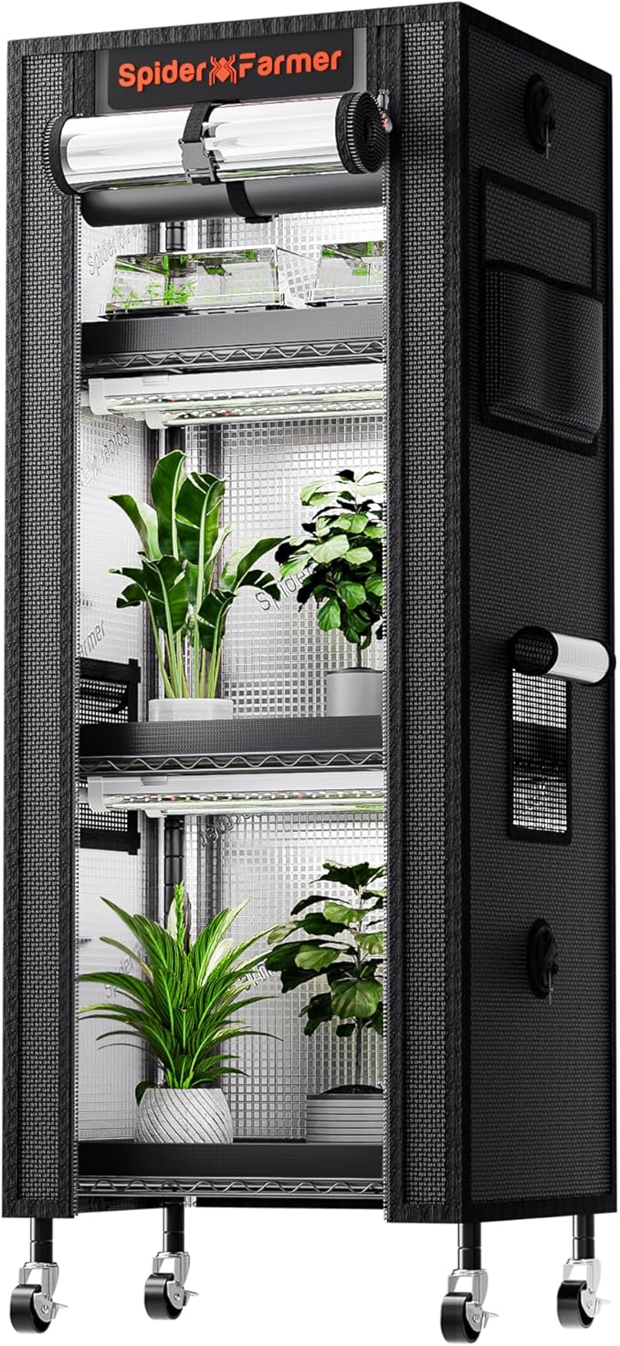 Spider Farmer 2025 Plant Stand with Grow Light 4-Tier Rack 6Pcs 12 Full Spectrum 5000K LED Grow Lamps and Tent Cover Height Adjustable Small Greenhouse for Seedling Plant Indoor 16Lx12Dx47H (Update)