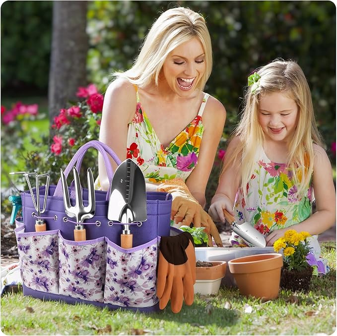 Gardening Tools 9-Piece Heavy Duty Garden Hand Tools with Fashion and Durable Garden Tools Organizer Handbag Rust-Proof Garden Tool Set Ideal Gardening Gifts for Women (Purple)