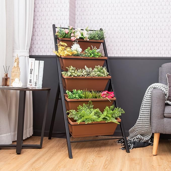 Giantex Vertical Planter Raised Bed Elevated Garden Beds with Water Drainage Hole Freestanding 5 Container Boxes for Herb Vegetables Flowers Growing Outdoor Indoor Patio Balcony (Brown 1)