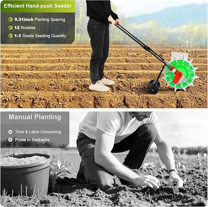 Manual Seeder Hand-Push Garden Seeder Machine 5.3 inch Spacing Roller Seeding and Fertilizer Applicator Row Planter Corn Planter Seeder for Soy Peanut Corn Cotton Soybean