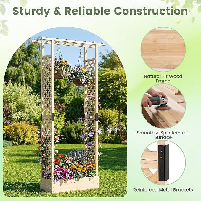 Giantex Wooden Raised Garden Bed with Trellis &amp Hanging Roof 2 Pack Fir Wood Planter Box 89” Freestanding Elevated Garden Bed for Outdoor Climbing Plants Vegetables Flowers Patio &amp Balcony