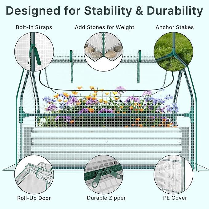 Miory Raised Garden Bed with Cover 3.9x2.5x1ft Galvanized Steel Planter with Mini Greenhouse Cover Dual Zippered Screen Windows Open Base for Vegetable Gardening