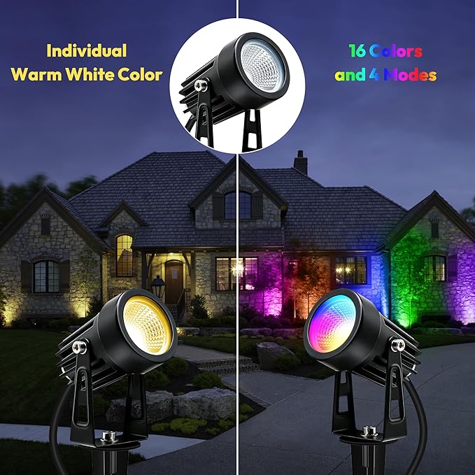Low Voltage Landscape Lights LED Landscape Lighting 5W 12V Garden Pathway Lights Waterproof RGBW Walls Trees Flags Outdoor Landscape Spotlights with Stakes (12 Pack)
