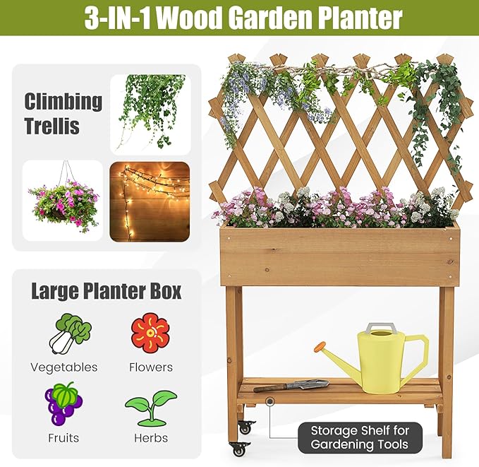 Raised Garden Bed with Trellis Fir Wood Elevated Planter Bed with Legs 2 Lockable Wheels &amp Storage Shelf Wooden Planter Box Raised Bed for Gardening Backyard Balcony &amp Greenhouse
