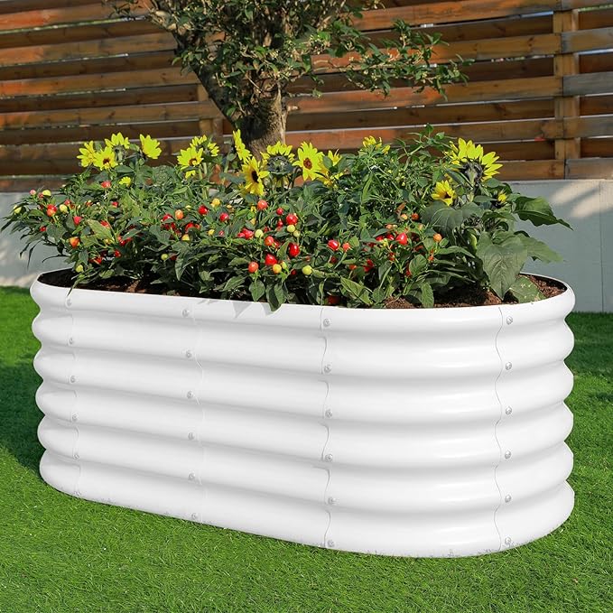 Land Guard 18“ Tall 4×2ft Galvanized Raised Garden Bed Kit Galvanized Planter Garden Boxes Outdoor Oval Large Metal Raised Garden Bed for Vegetables……… (Pearl White 4×2×1.5ft)