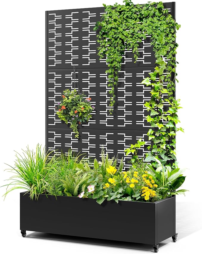 Metal Raised Garden Bed with Trellis 2-in-1 Planter Box &amp Privacy Screen for Climbing Plants Outdoor Standing Flower Bed with Drainage Holes 47.2 L x 16.7 W x 70.8 H Black-Brick