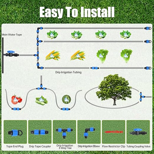 2000FT 5/8 Drip Tape Irrigation Kit 16 Mil Heavy Duty with 6 Emitter Spacing Silver Reflective Drip Tape Helps Prevent Pecking &amp Biting Damage Heat-Safe for Seedlings Reinforced PE Material