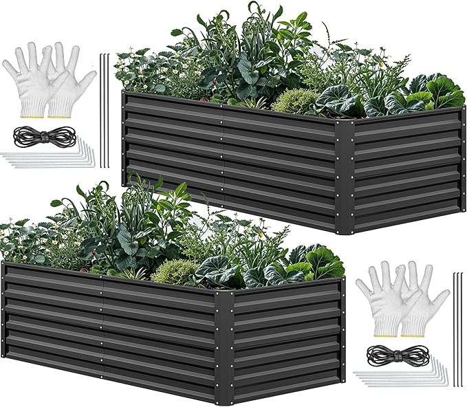 YITAHOME 6x3x2ft 2pcs Large Raised Garden Bed Kit Galvanized Metal Planter Box with Gloves Black