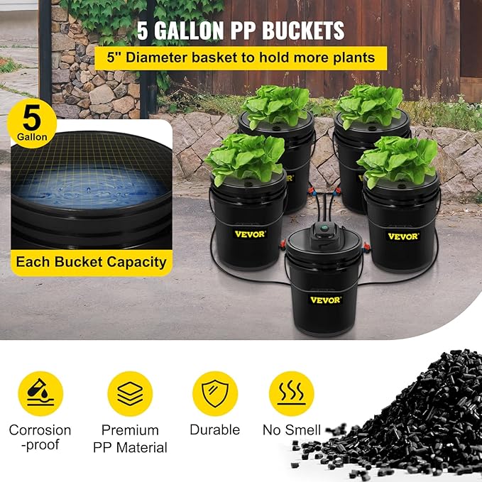 VEVOR DWC Hydroponic System 5 Gallon 5 Buckets Deep Water Culture Growing Bucket Hydroponics Grow Kit with Pump Air Stone and Connected Reservoir for Indoor/Outdoor Leafy Vegetables