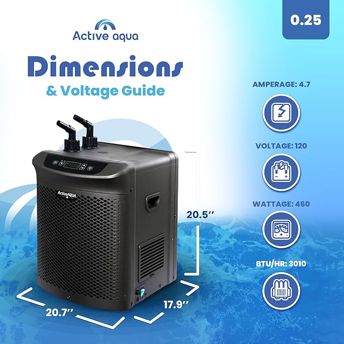 Active Aqua Hydroponic Water Chiller w/ Boost Function 0.25 HP - Adjustable Cooling System for 40-92 Gallon Reservoirs Pure Titanium Evaporator Cooler for Aquaponics Cold Plunge Baths &amp Aquariu