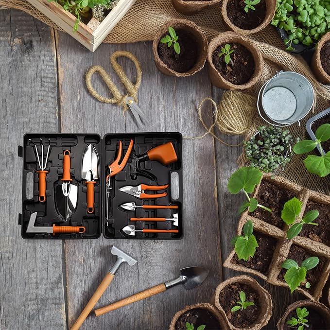 HARFINGTON 1 Set Garden Tool Set 10 Pieces Plastic Gardening Planting Tools Kits with Shovels Rake Scissor Trimmer Water Sprayer and Store Case Orange