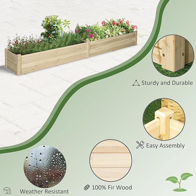 Outsunny 8x2ft Wooden Raised Garden Bed Kit Outdoor Elevated Planter Box Self Draining Bottom and Liner Patio to Grow Vegetables Herbs and Flowers Natural