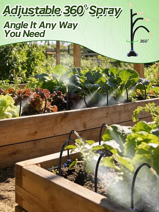 49ft Drip Irrigation System Kit - Includes 15pcs 360° Adjustable Sprayers 5/16 PE Tubing 1/2 &amp 3/4 Faucet Adapters Automatic Garden Watering Sprinkler System for Raised Bed Plants Lawn
