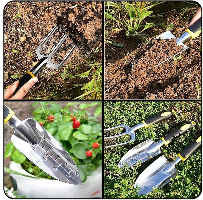 Premium 4-Piece Garden Tool Set with Trowel Cultivator Hand Rake Transplant Trowel and Durable Gardening Gloves for Efficient Weeding and Soil Loosening
