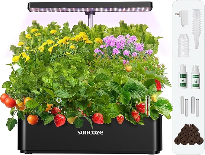 SUNCOZE Hydroponics Growing System Kit 12 Pods 24W LED Grow Light Indoor Garden 4L Water Tank with Quiet Pump Adjustable Height Herb Garden Planter Indoor Kit Gardening Gifts Black