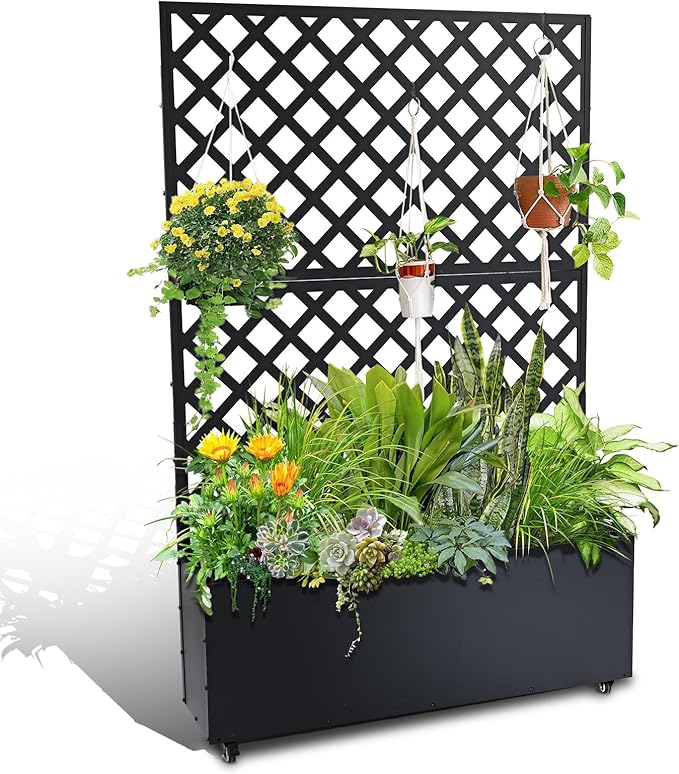 Garvee Metal Raised Garden Bed with Trellis &amp Wheels 72.83x46.46x11.81 Galvanized Metal Planter Box with Drainage Holes &amp Privacy Screen for Patio Balcony Climbing Plants Flowers Vegetable