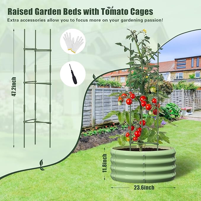 DoCred 3 Pack 2x2x1Ft Round Galvanized Raised Garden Bed Metal Garden Bed Outdoor with Tomato Cages for Gardening Above Ground Planter Box for Plants Vegetables Herbs Flowers Green