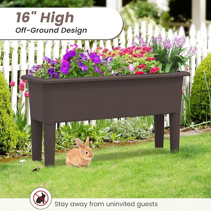 Raised Garden Bed Set of 2 31.5 x 12 x 16 Self-Watering Planter Box w/Removable Legs &amp Drainage Holes Plastic Rectangular Garden Bed for Flowers Herbs Backyard Patio Balcony (Coffee)
