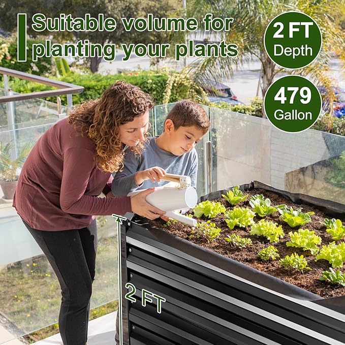 EDOSTORY Metal Raised Bed Garden Bed Kit 8x4x2ft Tall Galvanized Planter Raised Garden Boxes Outdoor Large Metal Raised Garden Beds for Flowers Vegetables Herbs
